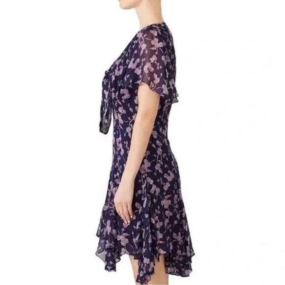 Cinq A SEPT Navy Silk Floral Mini Dress Swingy Handkerchief Flare Hem - Picture 2 of 7